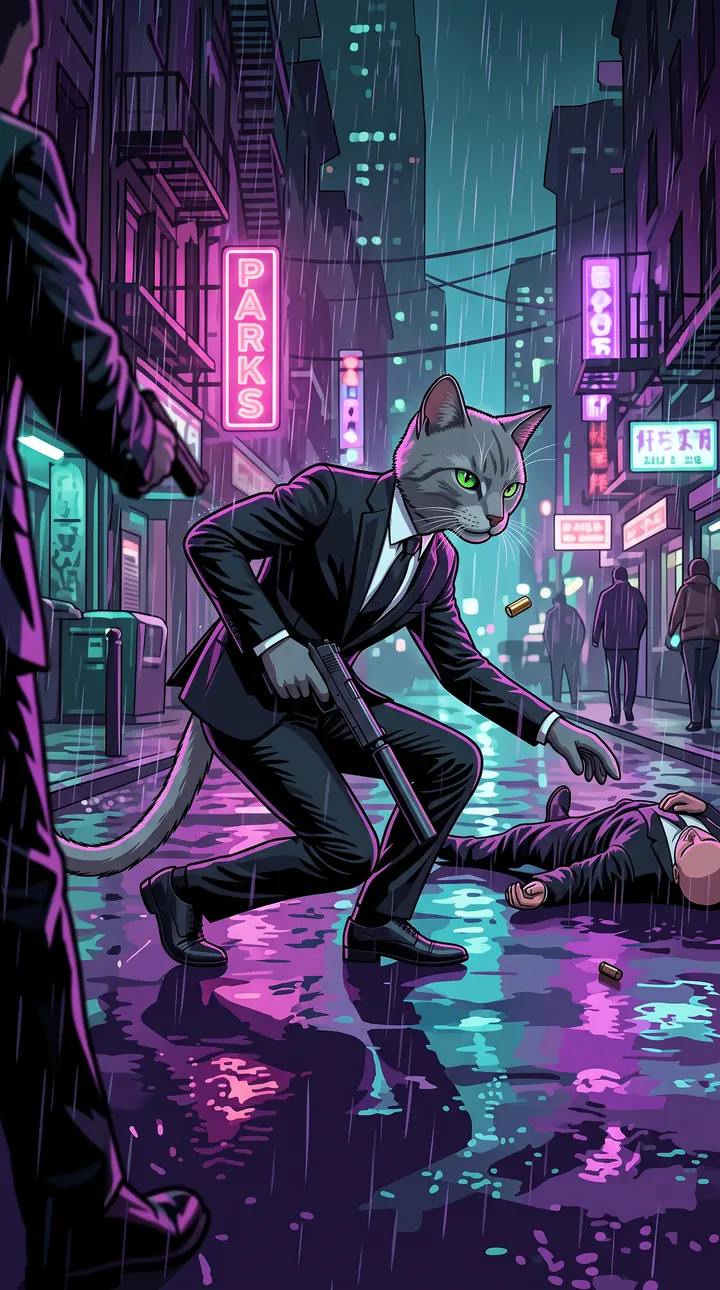 Boss Mur Wick — a gray cat in a black suit with a silenced pistol in a rainy neon alley