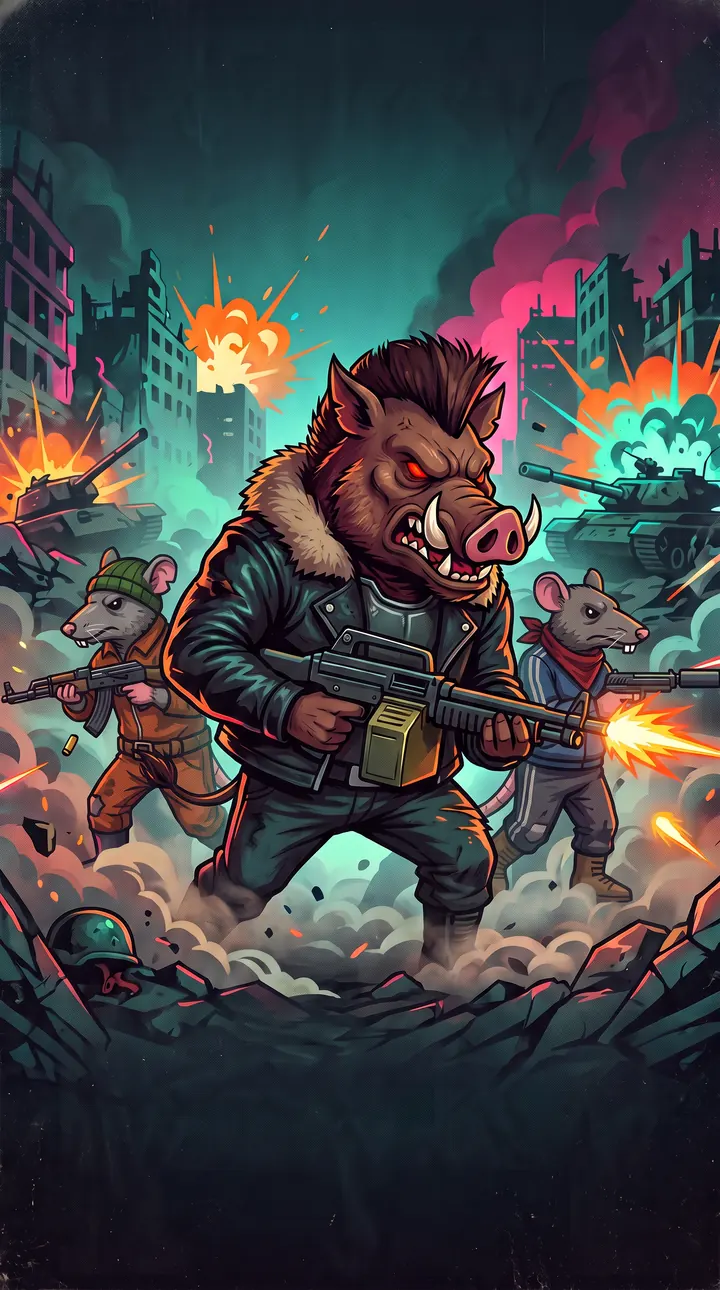 Boss SviN — a boar in a leather jacket with a machine gun among ruins, rats all around